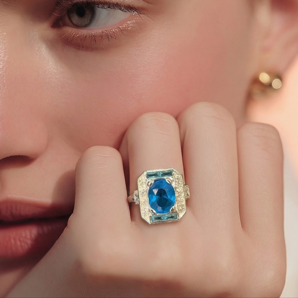 Elegant Blue and Silver Cocktail Ring Size 7